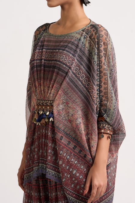 Ott Multi Color Polyester Tassels Boat Neck The Collage Draped Kimono Top at Aza Fashions Ott_Multi Color Polyester Tassels Boat Neck The Collage Draped Kimono Top _at_Aza_Fashions