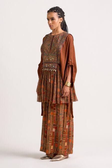 Ott_Brown Silk Embroidery, Mirrors Round Neck The Kutch Tunic _Online_at_Aza_Fashions