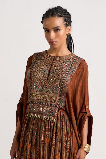 Buy_Ott_Brown Silk Embroidery, Mirrors Round Neck The Kutch Tunic _Online_at_Aza_Fashions