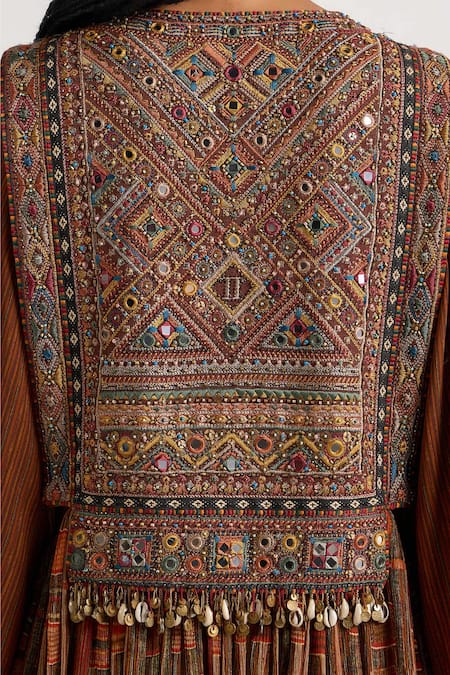 Shop_Ott_Brown Silk Embroidery, Mirrors Round Neck The Kutch Tunic _Online_at_Aza_Fashions
