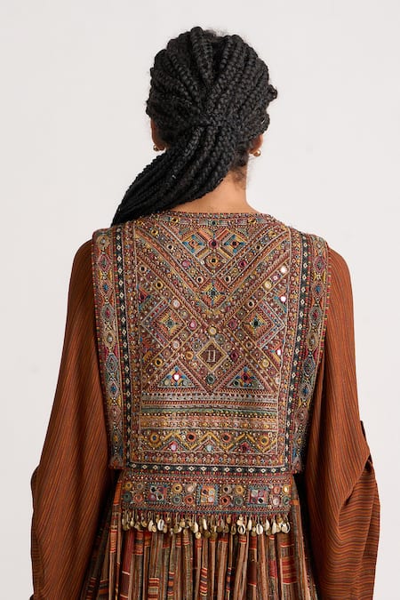 Ott_Brown Silk Embroidery, Mirrors Round Neck The Kutch Tunic _at_Aza_Fashions