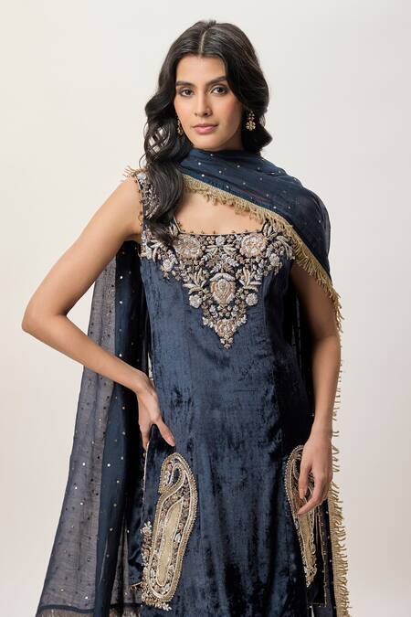 Payal Singhal_Blue Velvet, Mukaish, Silk Embroidery, Beads, Zari, Elara Kurta Salwar Set _Online_at_Aza_Fashions