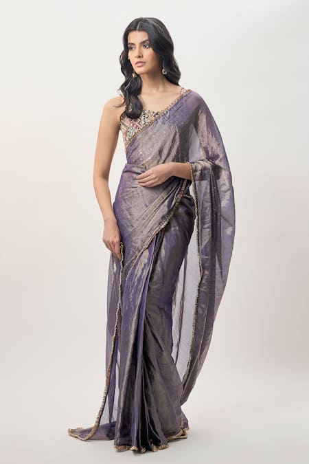 Payal Singhal Niusha Purple Pre-Stitched Tissue Saree With Choli 