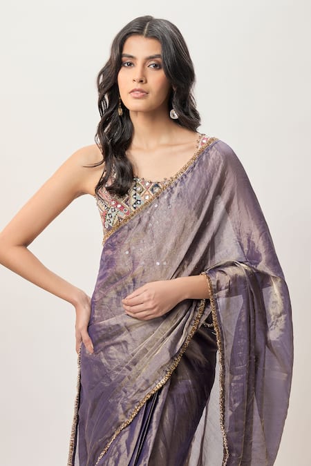 Buy_Payal Singhal_Multi Color Georgette, Tissue Niusha Purple Pre-stitched Saree With Choli _Online_at_Aza_Fashions