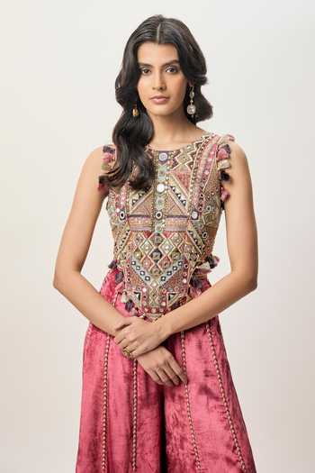 Buy_Payal Singhal_Red Georgette, Velvet Mirrors, Tassels Yasmin Embroidered Choli And Sharara Set _Online_at_Aza_Fashions