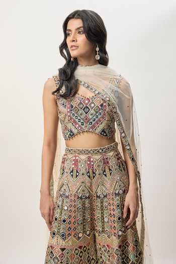 Buy_Payal Singhal_Beige Georgette, Net, Mukaish Mirrors, Stones, Embroidered And Sharara Set _Online_at_Aza_Fashions