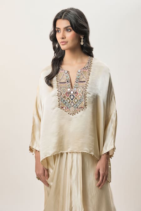 Buy_Payal Singhal_Beige Modal, Satin Embroidery, Beads Split Risa Embellished Top And Skirt Set _Online_at_Aza_Fashions