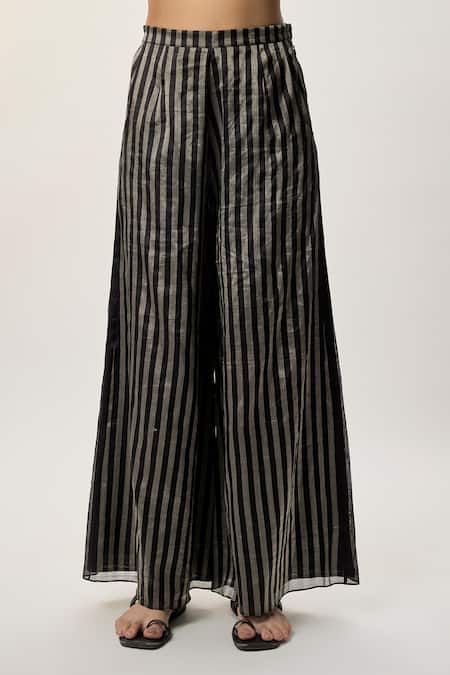 Payal Singhal_Black Organza, Tissue Embroidery Round Neck Sabil Striped Kurta Palazzo Set _Online_at_Aza_Fashions