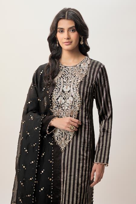 Buy_Payal Singhal_Black Organza, Tissue Embroidery Round Neck Sabil Striped Kurta Palazzo Set _Online_at_Aza_Fashions
