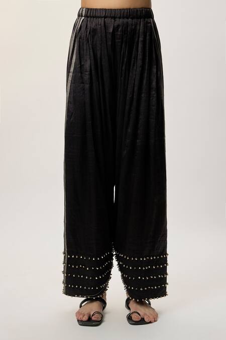 Payal Singhal_Black Tissue, Mukaish, Silk Beads, Pearls, Zari, Sequins Nysa Stripe Kurta Set _Online_at_Aza_Fashions