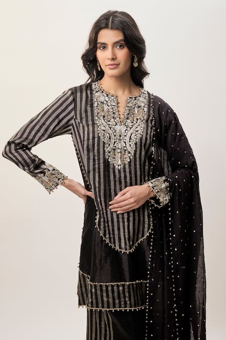 Buy_Payal Singhal_Black Tissue, Mukaish, Silk Beads, Pearls, Zari, Sequins Nysa Stripe Kurta Set _Online_at_Aza_Fashions