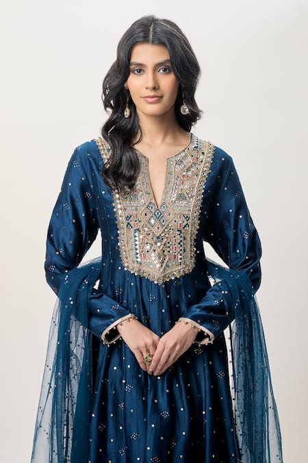 Payal Singhal_Blue Silk, Mukaish, Net Mirrors Keyhole Ria Silkmul Embroidered Anarkali Set _Online_at_Aza_Fashions