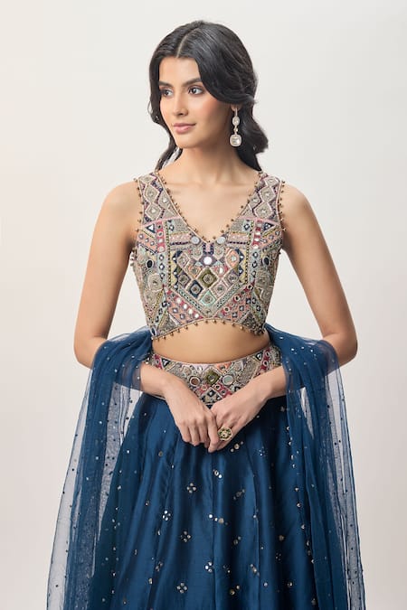 Buy_Payal Singhal_Multi Color Silk, Georgette, Mukaish, Net Mirrors, Mahnaz Work Lehenga Set _Online_at_Aza_Fashions
