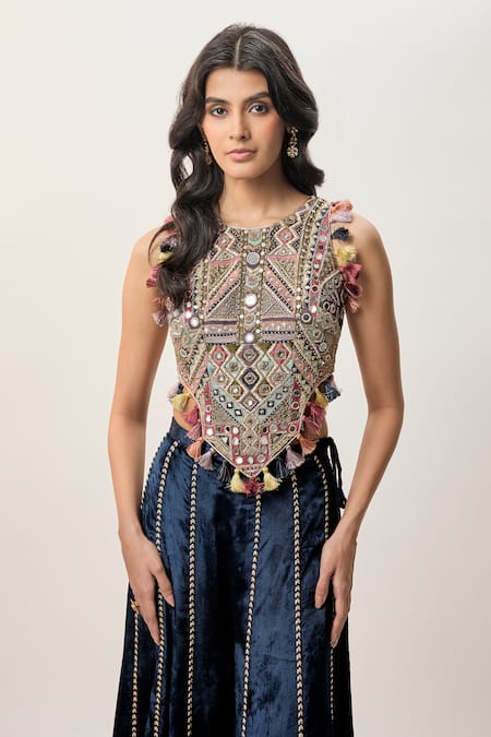 Payal Singhal_Blue Georgette, Velvet Embroidery, Mirrors, Tassels, Yasmin Blouse Sharara Set _Online_at_Aza_Fashions