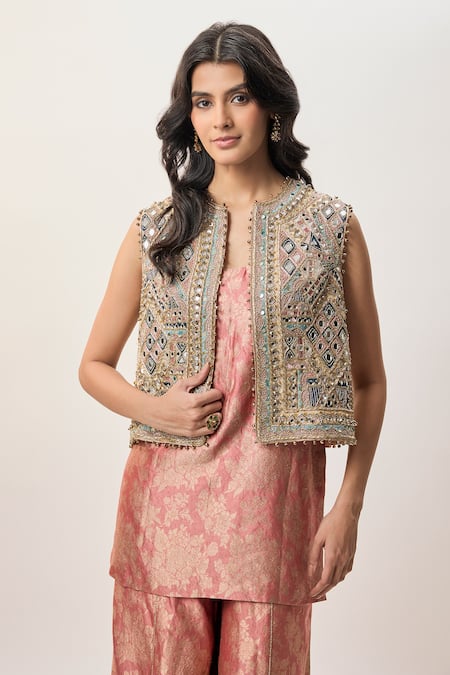 Payal Singhal_Pink Georgette, Brocade Zari, Embroidery, Stones, Iza Waistcoat Pant Set _Online_at_Aza_Fashions