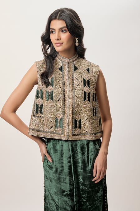 Payal Singhal Gold Georgette, Velvet Embroidery, Sequins, Delnaz Sleeveless Jacket And Pant Set Online at Aza Fashions Payal Singhal_Gold Georgette, Velvet Embroidery, Sequins, Delnaz Sleeveless Jacket And Pant Set _Online_at_Aza_Fashions