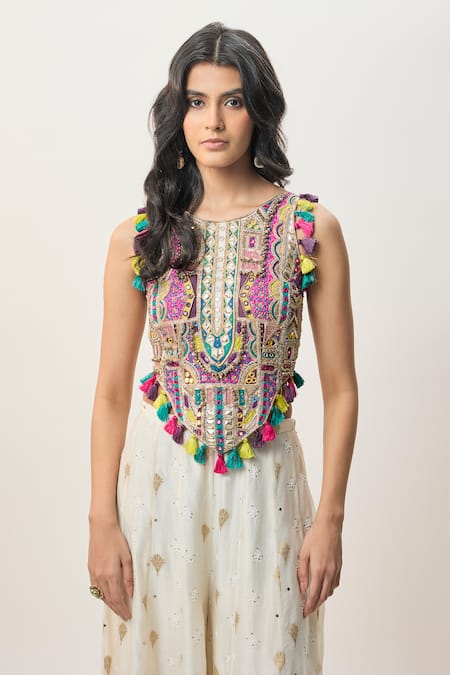 Payal Singhal_Off White Georgette, Silk Embroidery, Mirrors, Fez Blouse And Sharara Set _Online_at_Aza_Fashions
