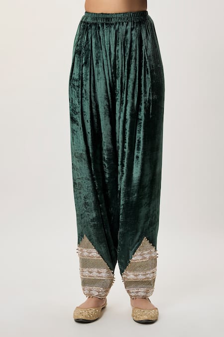 Buy_Payal Singhal_Green Velvet, Mukaish, Silk Zari, Sequins, Beads, Elara Embroidered Kurta Set _Online_at_Aza_Fashions