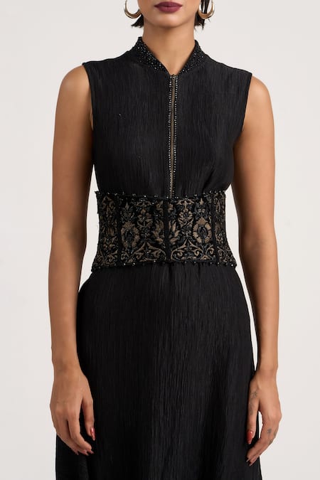 Ott_Black Embroidery, Sequins, Beads, Crystals Corset Viscose Belt _Online_at_Aza_Fashions