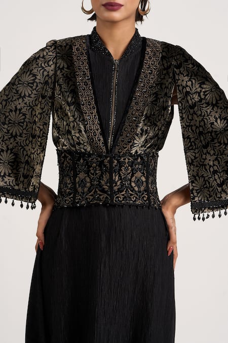 Shop_Ott_Black Embroidery, Sequins, Beads, Crystals Corset Viscose Belt _Online_at_Aza_Fashions