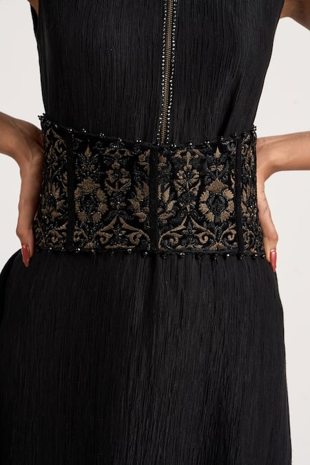 Ott_Black Embroidery, Sequins, Beads, Crystals Corset Viscose Belt _at_Aza_Fashions