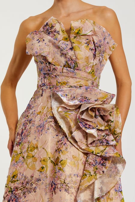 Mac Duggal_Pink Velvet Fabric Flowers, Ruffles Sweetheart Neck Rosette Pattern Gown _Online_at_Aza_Fashions