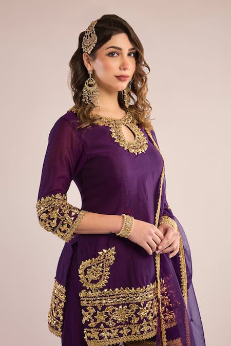 Shop_saina kapoor_Purple Organza, Chanderi Gota Patti Keyhole Neck Embroidered Kurta Set _Online_at_Aza_Fashions