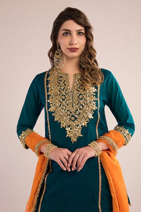 Shop_saina kapoor_Blue Chanderi, Organza Gota Patti Split V-neck Embroidered Yoke Kurta Set _Online_at_Aza_Fashions