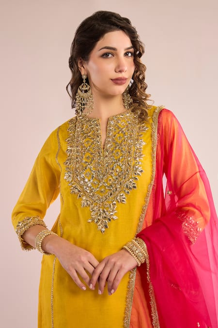 Shop_saina kapoor_Yellow Chanderi, Organza Gota Patti Split V-neck Embroidered Yoke Kurta Set _Online_at_Aza_Fashions