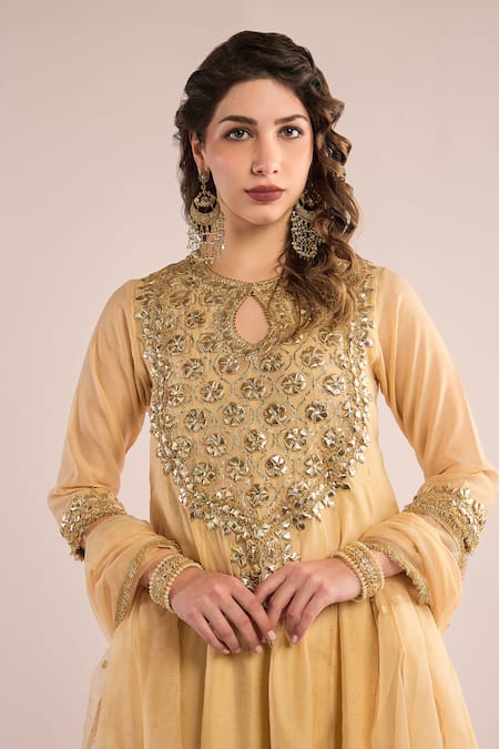 Shop_saina kapoor_Beige Organza, Chanderi Sequins, Mirrors, Gota Patti Embroidered Anarkali Set _Online_at_Aza_Fashions