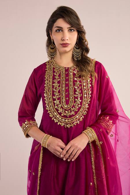 Shop_saina kapoor_Purple Chanderi, Organza Gota Patti Round Neck Embroidered Yoke Anarkali Set _Online_at_Aza_Fashions