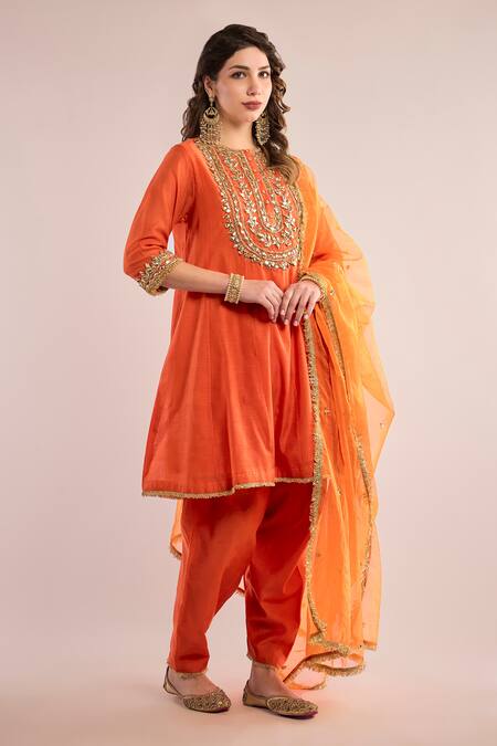 Buy_saina kapoor_Orange Organza, Chanderi Gota Patti Round Neck Embroidered Yoke Anarkali Set _Online_at_Aza_Fashions