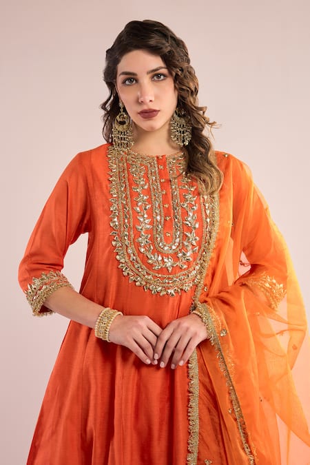 Shop_saina kapoor_Orange Organza, Chanderi Gota Patti Round Neck Embroidered Yoke Anarkali Set _Online_at_Aza_Fashions