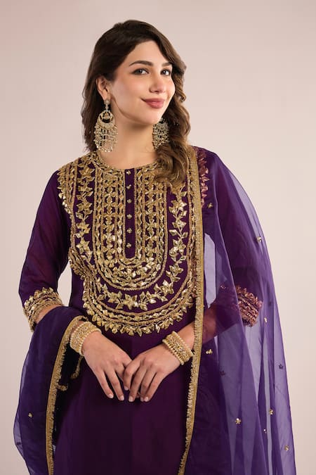 Shop saina kapoor Purple Organza, Chanderi Gota Patti Round Neck Work Kurta Set Online at Aza Fashions Shop_saina kapoor_Purple Organza, Chanderi Gota Patti Round Neck Work Kurta Set _Online_at_Aza_Fashions