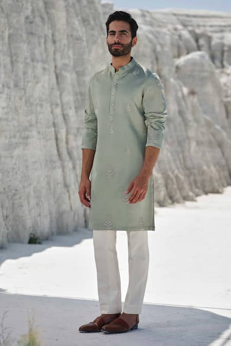 Amrit Dawani_Green Modal, Silk, Cotton Embroidery Butti Kurta Set _Online_at_Aza_Fashions