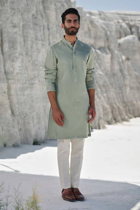 Amrit Dawani_Green Modal, Silk, Cotton Embroidery Butti Kurta Set _at_Aza_Fashions