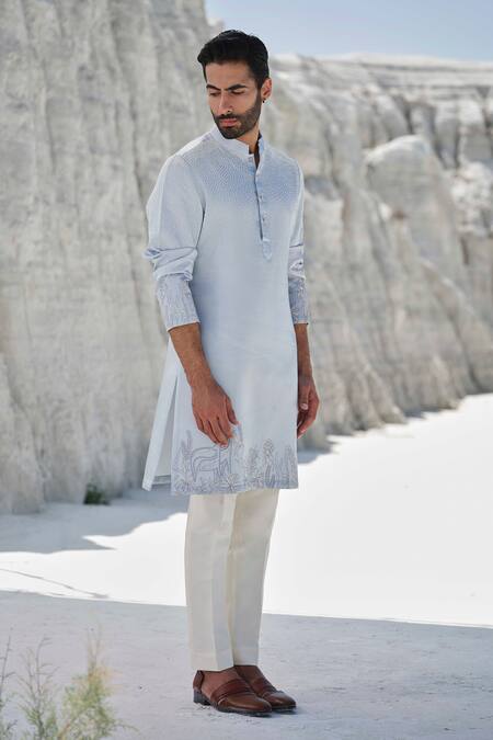 Shop_Amrit Dawani_Blue Modal, Cotton Embroidery Celestial Haze Kurta Set _Online_at_Aza_Fashions