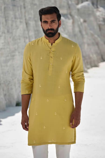 Buy_Amrit Dawani_Yellow Silk, Cotton Embroidery Lime Crest Kurta Set _Online_at_Aza_Fashions