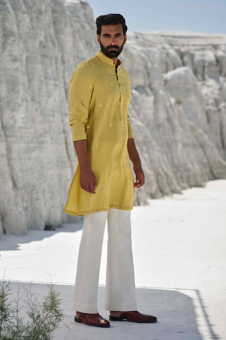 Amrit Dawani_Yellow Silk, Cotton Embroidery Lime Crest Kurta Set _at_Aza_Fashions