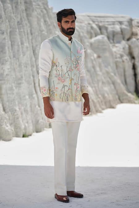 Amrit Dawani_Pink Modal, Cotton Embroidery Bundi Kurta Set _Online_at_Aza_Fashions