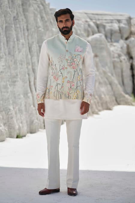 Amrit Dawani_Pink Modal, Cotton Embroidery Bundi Kurta Set _at_Aza_Fashions