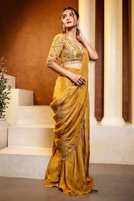 Shop_Dajwaree_Gold Tissue Embroidery, Zari Sweetheart Swarna Pre-draped Saree With Blouse _Online_at_Aza_Fashions