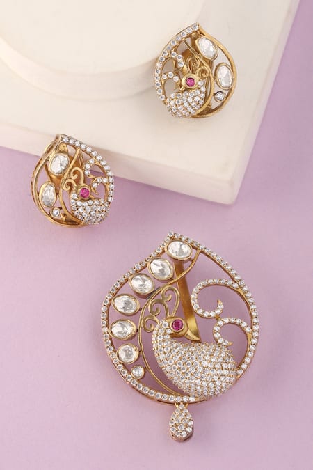 Mero Jewellery Peacock Carved Pendant & Earrings Set 