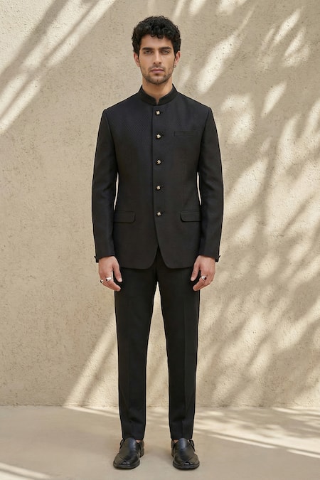 Bubber Couture Black Jacquard Embroidery Fleur De Lis Bandhgala Set Online at Aza Fashions Bubber Couture_Black Jacquard Embroidery Fleur De Lis Bandhgala Set _Online_at_Aza_Fashions