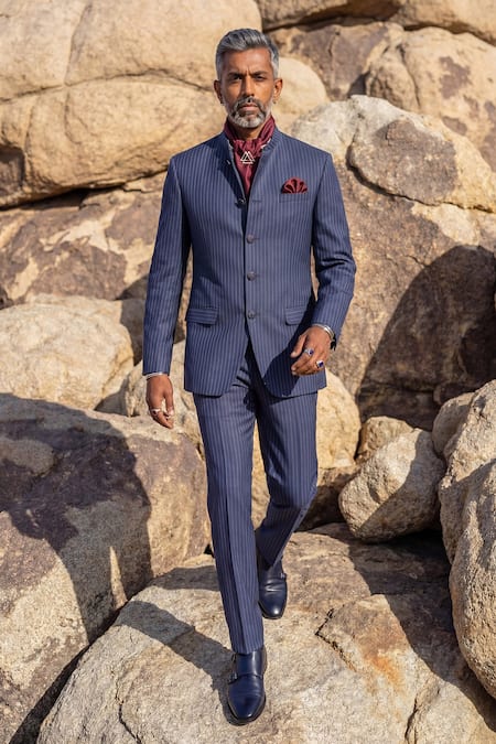 Bubber Couture Blue Suiting Pinstriped Classic Bandhgala Set Online at Aza Fashions Bubber Couture_Blue Suiting Pinstriped Classic Bandhgala Set _Online_at_Aza_Fashions