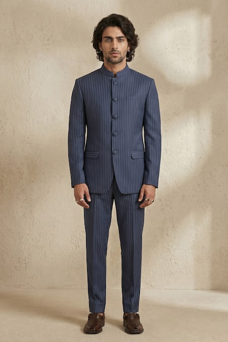 Buy Bubber Couture Blue Suiting Pinstriped Classic Bandhgala Set Online at Aza Fashions Buy_Bubber Couture_Blue Suiting Pinstriped Classic Bandhgala Set _Online_at_Aza_Fashions