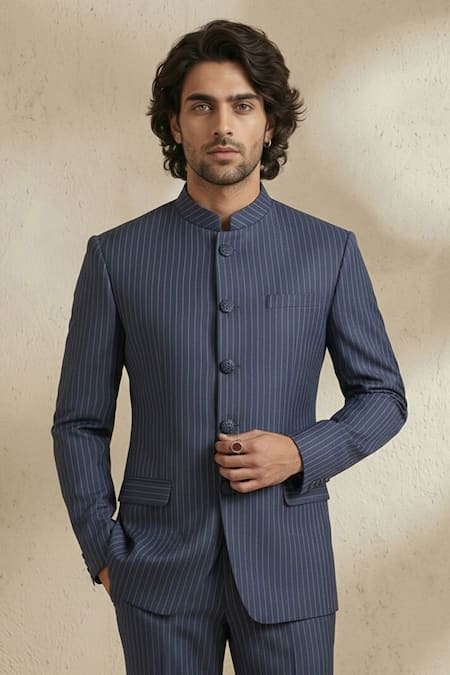 Bubber Couture Blue Suiting Pinstriped Classic Bandhgala Set at Aza Fashions Bubber Couture_Blue Suiting Pinstriped Classic Bandhgala Set _at_Aza_Fashions