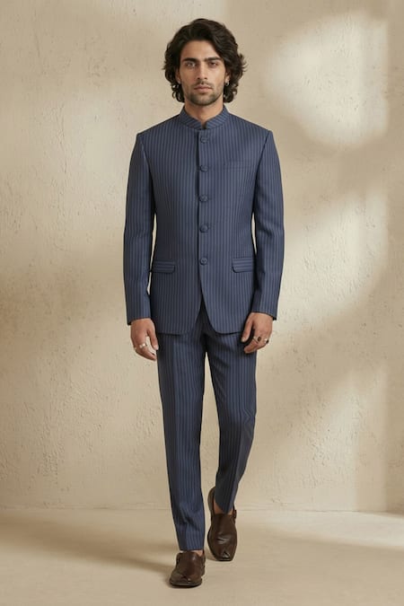 Buy Bubber Couture Blue Suiting Pinstriped Classic Bandhgala Set Buy_Bubber Couture_Blue Suiting Pinstriped Classic Bandhgala Set