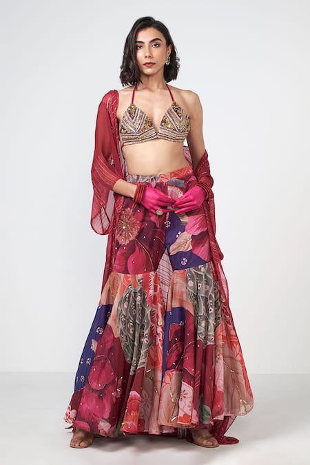 Rishi and Vibhuti Sheer Organza Cape & Floral Pattern Skirt Set 