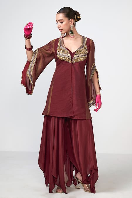 Rishi and Vibhuti Cherry Alkaline Embroidered Jacket & Pant Set 